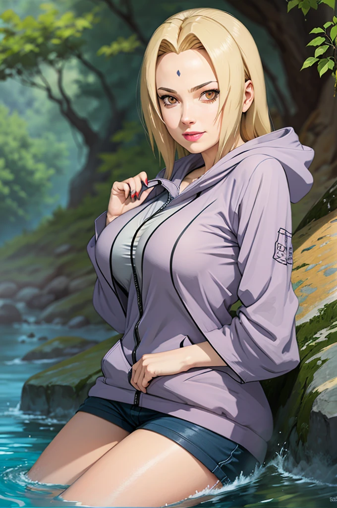 (masterpiece: 1,6), tsunade ( naruto) ,  seductive smile , water , green hoody , yallow hair , large breast , shirt , short pants , young , pink lips, anime girl ,