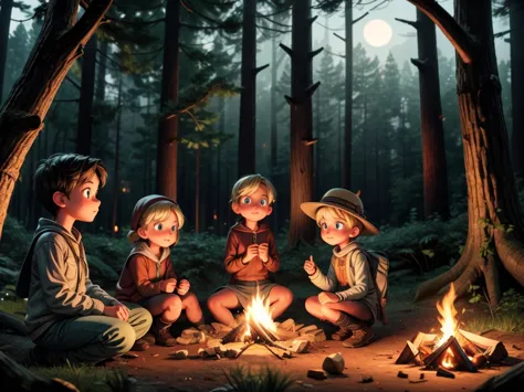 a campfire, girls from an outdoor school, listening to spooky stories. 
(best quality, 4k, highres, masterpiece:1.2), ultra-deta...
