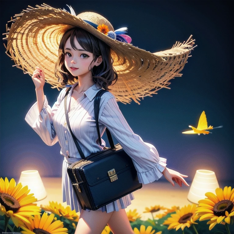 There's a suitcase with a straw hat on top, nuvens, atmosfera, folhas, chrysanthemums floating in the air, paper airplanes, (miniatura: 1.2), 2.5 d illustration, 3D rendering, modelagem 3d, bolha mate, trend in behans 3d art, trend in behans 3d art, 3D Illustration, 3D Illustration, 3D Illustration, commercial illustration, cinema 4d color rendering, 3D rendering stylization, stylized digital illustration, cena estilizada 3D, stylized 3D rendering