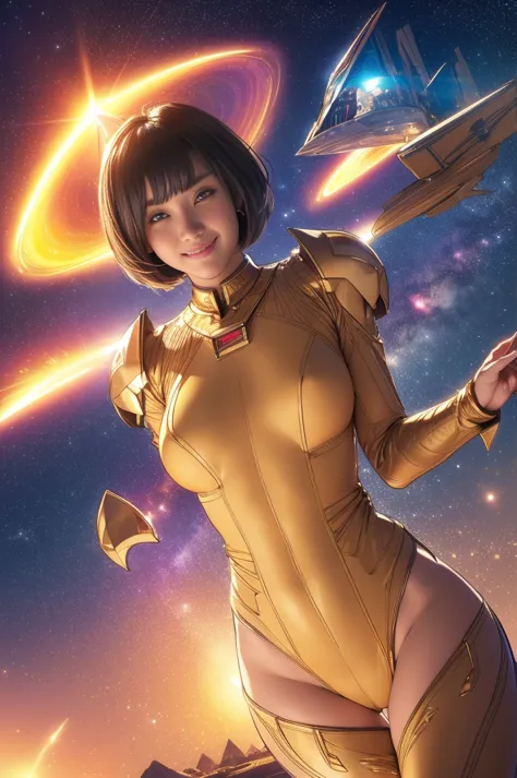 (original photo, best quality), (actual, photorealism:1.3), 1 girl, bob cut、earrings、Smile、actualbody,old space costume、ancient、...