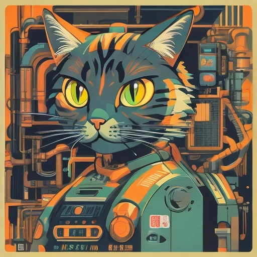 There is a black cat wearing headphones sitting on the turntable, CyberpunkCat, MachineCat, Just a joke, Tom Whalen (Tom Whalen) of inspiration, Lofi Art, Cat Robot, Tom Whalen 8K, Digital illustration style, Retro illustration, Illustration of a Cat, NetworkCat, Lofi portrait, Cat, Cat Design, Inside the Robot Cat&#39;s Head（（（1Cat）））There is a Cat sitting in a suitcase, commend art, MachineCat, Tom Whalen (Tom Whalen) of inspiration, Cat Design, commend portrait, Cat, NetworkCat, Just a joke, Tom Whalen 8K, commend, commend vibe, CyberpunkCat, commend technology, Illustration of a Cat, commend artstyle, commend album art，there is a cat that is sitting on a machine, robot cat, cat robot, robotic cat, industrial robotic cats, cyborg cat, a cyborg cat, fully robotic!! cat, robot portrait, portrait of a robot, cybercat, inside a mechanical cat's head, portrait of a cyberpunk machine, robot animal, inspired by Tom Whalen, cyberpunk cat, cyborg kitten