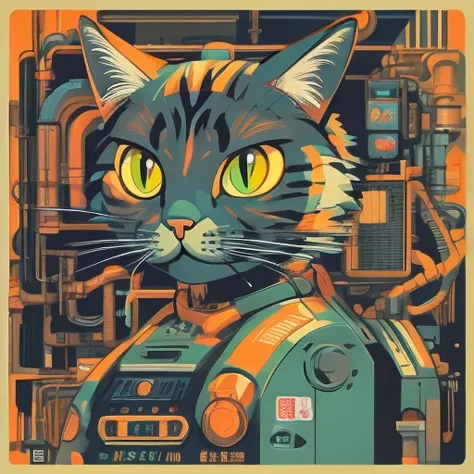 There is a black cat wearing headphones sitting on the turntable, CyberpunkCat, MachineCat, Just a joke, Tom Whalen (Tom Whalen)...