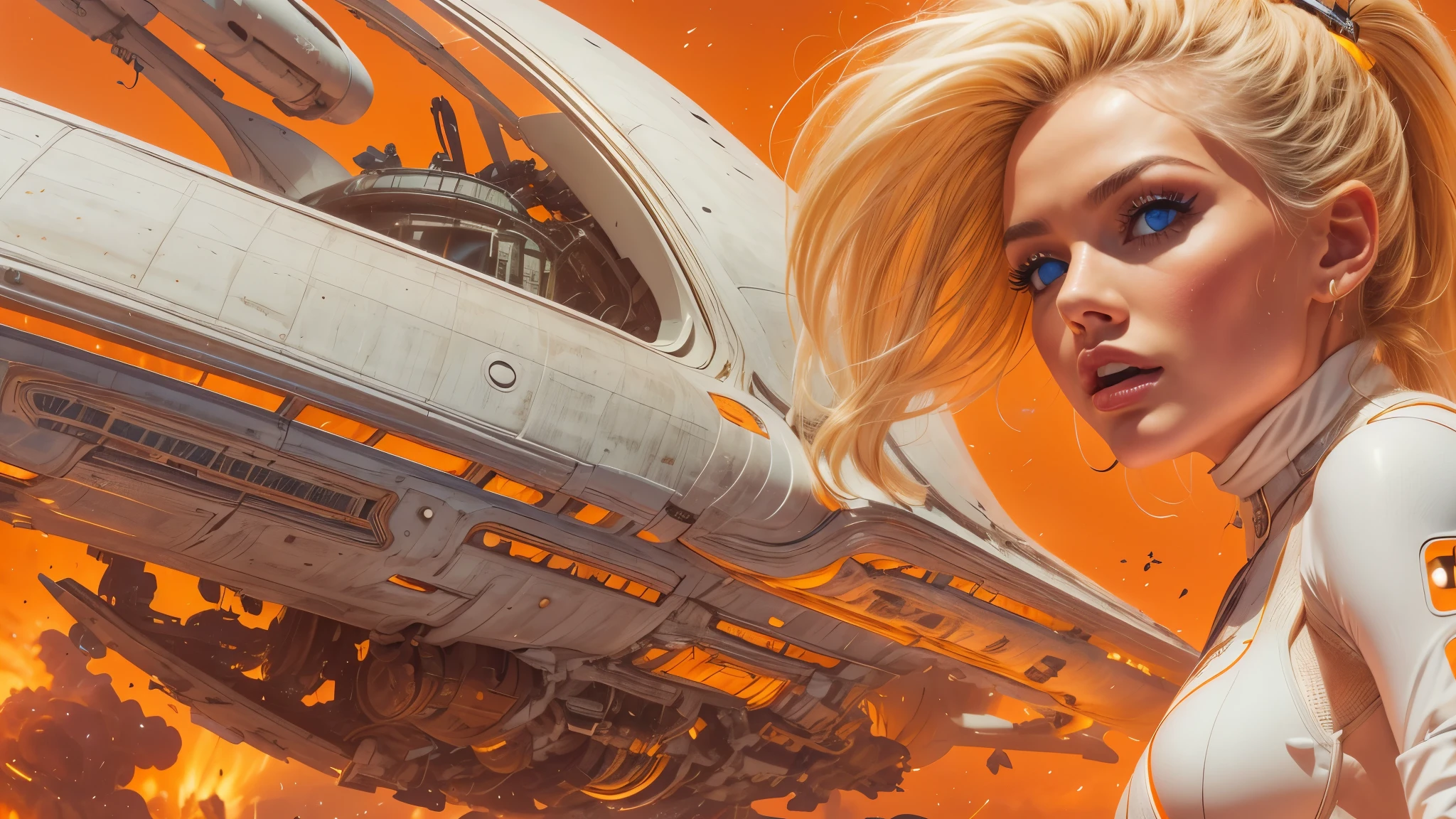 arafed image of a white woman in a futuristic suit with a spaceship in the background, movie art, in front of an orange background, inspired by Robert McGinnis, female protagonist, megastructure in the background, portrait of an ai astronaut, astronauts, an astronaut, portrait of a astronaut skeletor, perfect android girl, detailed eyes, perfectly detailed teeth, frank franzzeta and sakimichan  