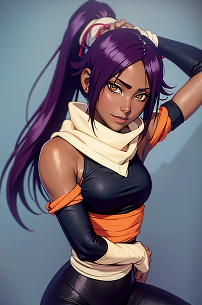 (best quality, highres:1.1), shihouin yoruichi, orange shirt, black leggings, shirt accessory, waist accessory, scarf, leg warmers, shoulder pads, detached sleeves,  1girl, solo, dark skinned female, dark skin, ponytail long hair, parted bangs, purple hair, yellow eyes, 