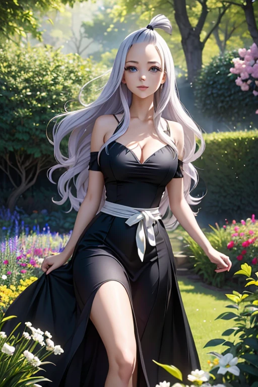 (best quality,4k,8k,highres,masterpiece:1.2),ultra-detailed,realistic,photorealistic:1.37,Mirajane Strauss with a beautiful smile, wearing a sexy black dress, in a vibrant garden setting surrounded by colorful blooming flowers, creating a mesmerizing contrast. The garden is filled with lush greenery and overflowing with life, with tall trees casting shadows on the ground. The sunlight streaming through the branches creates a soft glow, illuminating Mirajane's radiant skin and highlighting the intricate details of her dress. Mirajane's eyes sparkle with a lively glimmer, reflecting the beauty of the garden. Her long, flowing hair is styled elegantly, cascading down her back with gentle waves. She strikes a confident and graceful pose, exuding a captivating aura. Vivid colors saturate the scene, enhancing the overall vibrant and joyful atmosphere. The composition is carefully balanced, with Mirajane positioned slightly off-center, drawing attention to her charismatic presence. The scene is captured with a professional lens, capturing every nuance and expression with utmost finesse. The artwork evokes a sense of awe and admiration, showcasing Mirajane's elegance and allure in this delightful garden oasis.