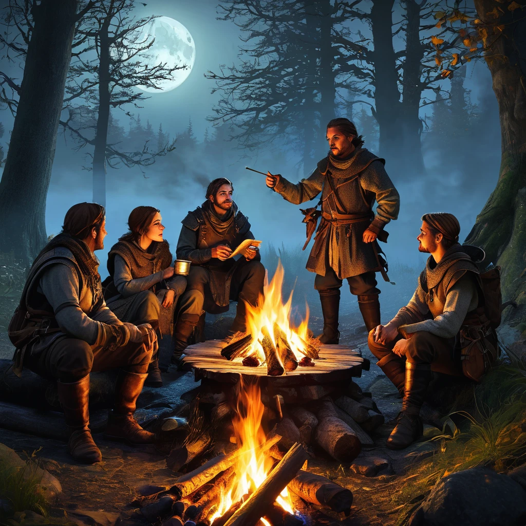 (a group of fantasy adventurers sitting close to a campfire,drinking mead and telling tall tales),(fantasy,adventurer,group:1.1),(campfire:1.1,fire),(mead,drinking:1.1),(telling tall tales:1.1),(haunted woods,woods,forest),(gleaming eyes:1.1,watching hungrily,hungry eyes,eyes in the darkness:1.2),(fantasy creatures,creatures,monsters),(darkness:1.1,eerie),(mysterious atmosphere:1.1),(mysterious sounds,sounds),(flickering firelight:1.1),(distant howls),(mystical:1.1,enchanted),(medieval setting:1.1),(moonlit),(adventure:1.1,exciting),(magic:1.1),unpredictable), (fantastical:1.1),(mystic:1.1)