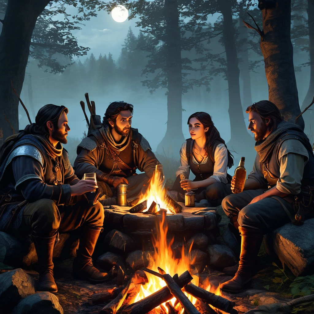 (a group of fantasy adventurers sitting close to a campfire,drinking mead and telling tall tales),(fantasy,adventurer,group:1.1),(campfire:1.1,fire),(mead,drinking:1.1),(telling tall tales:1.1),(haunted woods,woods,forest),(gleaming eyes:1.1,watching hungrily,hungry eyes,eyes in the darkness:1.2),(fantasy creatures,creatures,monsters),(darkness:1.1,eerie),(mysterious atmosphere:1.1),(mysterious sounds,sounds),(flickering firelight:1.1),(distant howls),(mystical:1.1,enchanted),(medieval setting:1.1),(moonlit),(adventure:1.1,exciting),(magic:1.1),unpredictable), (fantastical:1.1),(mystic:1.1)