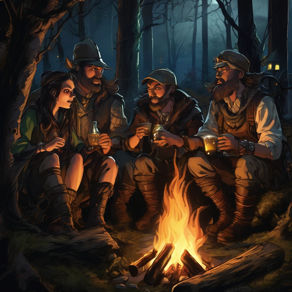 (a group of fantasy adventurers sitting close to a campfire,drinking mead and telling tall tales),(fantasy,adventurer,group:1.1),(campfire:1.1,fire),(mead,drinking:1.1),(telling tall tales:1.1),(haunted woods,woods,forest),(gleaming eyes:1.1,watching hungrily,hungry eyes,eyes in the darkness:1.2),(fantasy creatures,creatures,monsters),(darkness:1.1,eerie),(mysterious atmosphere:1.1),(mysterious sounds,sounds),(flickering firelight:1.1),(distant howls),(mystical:1.1,enchanted),(medieval setting:1.1),(moonlit),(adventure:1.1,exciting),(magic:1.1),unpredictable), (fantastical:1.1),(mystic:1.1)