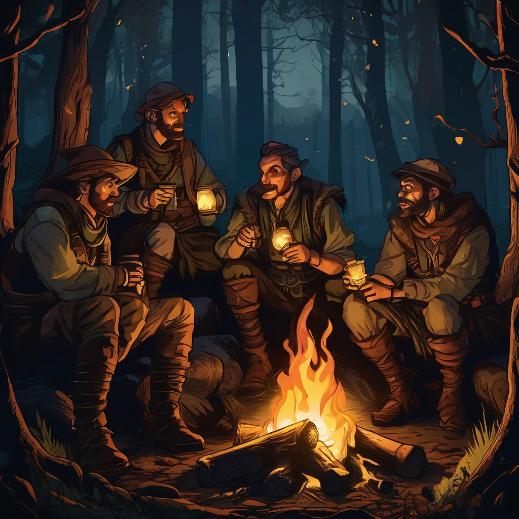 (a group of fantasy adventurers sitting close to a campfire,drinking mead and telling tall tales),(fantasy,adventurer,group:1.1),(campfire:1.1,fire),(mead,drinking:1.1),(telling tall tales:1.1),(haunted woods,woods,forest),(gleaming eyes:1.1,watching hungrily,hungry eyes,eyes in the darkness:1.2),(fantasy creatures,creatures,monsters),(darkness:1.1,eerie),(mysterious atmosphere:1.1),(mysterious sounds,sounds),(flickering firelight:1.1),(distant howls),(mystical:1.1,enchanted),(medieval setting:1.1),(moonlit),(adventure:1.1,exciting),(magic:1.1),unpredictable), (fantastical:1.1),(mystic:1.1)