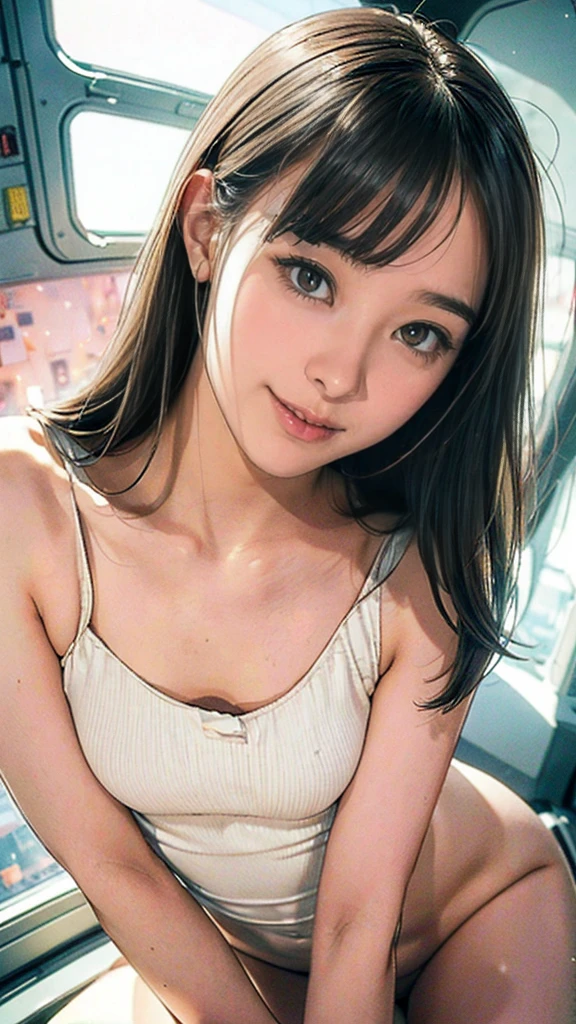 (masterpiece、highest quality、Highest Resolution、clear_image、detailed details、Angle from above): (Full body portrait、15-year-old girl、The Face of Japan、Small face、(((Completely naked(1.9)、All Nude(1.9))), I&#39;m not wearing panties(1.8)、Thin pubic hair(1.6)、less hair(1.6)))), Cute type、A kind smile、Soft look、headset、Eye-level shot、face directly、Woman on a spaceship)