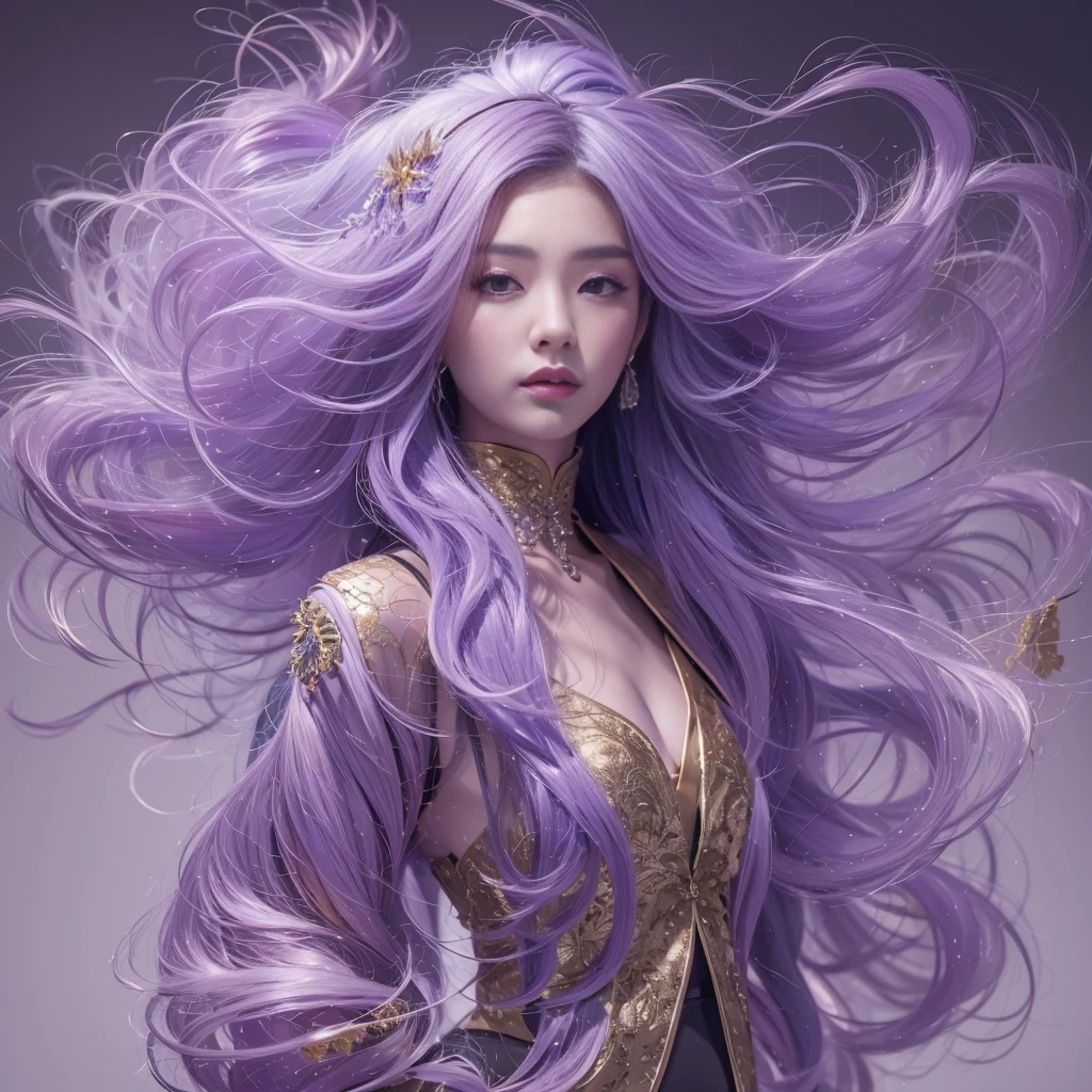 32K（tmasterpiece，k hd，hyper HD，32K）Long flowing lilac hair，Back basement，zydink， a color，  Xuzhou people （Silly girl）， （Silk scarf）， Combat posture， looking at the ground， long whitr hair， Floating lilac， Fire cloud pattern light gold headdress， Chinese long-sleeved gold silk garment， （abstract ink splash：1.2）， smoky background，Lotus protector（realisticlying：1.4），lilac purple hair，Fog on the road，smoke in the background， A high resolution， the detail， RAW photogr， Sharp Re， Nikon D850 Film Stock Photo by Jefferies Lee 4 Kodak Portra 400 Camera F1.6 shots, Rich colors, ultra-realistic vivid textures, Dramatic lighting, Unreal Engine Art Station Trend, cinestir 800，Long flowing lilac hair，Light transparent clothes