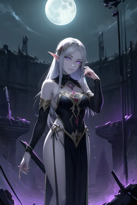 Pale skin, moon, ancient elf, rare, cursed maiden, celestial armor, beautiful girl, long icy hair, violet glowing eyes, grey ski...