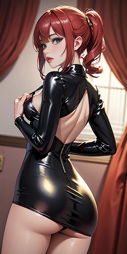 a digital illustration featuring a red-haired woman. The woman is dressed in a skin-tight shiny black latex leather bodysuit adorned with gold accents. In her raised right hand, she holds a bright red apple. The woman's left hand is tucked behind her back. Her blue eyes are looking directly at the viewer, creating an engaging effect. The background is composed of variations of the color red, enhancing the overall vibrancy of the depiction.