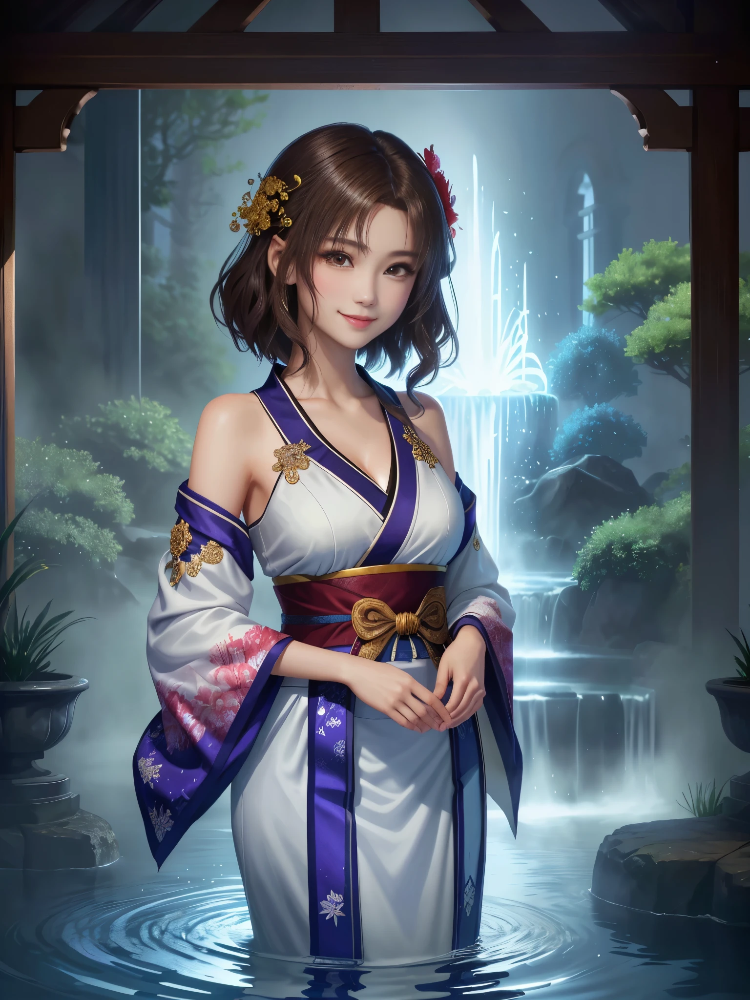 masterpiece , best quality,smile,smile,Small face,Exposed shoulders,golden kimono,A little cleavage exposure,Double Eyes,Beauty,Beauty,beautiful girl,Stand firmly on both feet,Charm,Adult,lure,Big eyes,Light brown hair,Mysterious World,Water God殿,,Water God,Water World,Mythical God,Light blue mysterious atmosphere,Water sources surround the area,Light blue Mysterious background,Gorgeously curled hair,Slim figure,Brown eyes,Faithfully reproduced contrast,Short Hair,Beautiful short hair,Berry Short,Short Hair,Just One,Precision quality,A faithful reproduction of the human eye,Light blue mysterious atmosphere,Light blue Mysterious background,Beautiful details, colorful, Subtle details, Delicate lips, Intricate details, Genuine, ultrargenuineista, Mature, Wide-open eyes, raposa de Beautiful digital art,Shrine maiden,Exquisite digital illustration, mizutsune,Pixiv Digital Art, Shining Light, High Contrast, Mysterious,Take center,View your viewers