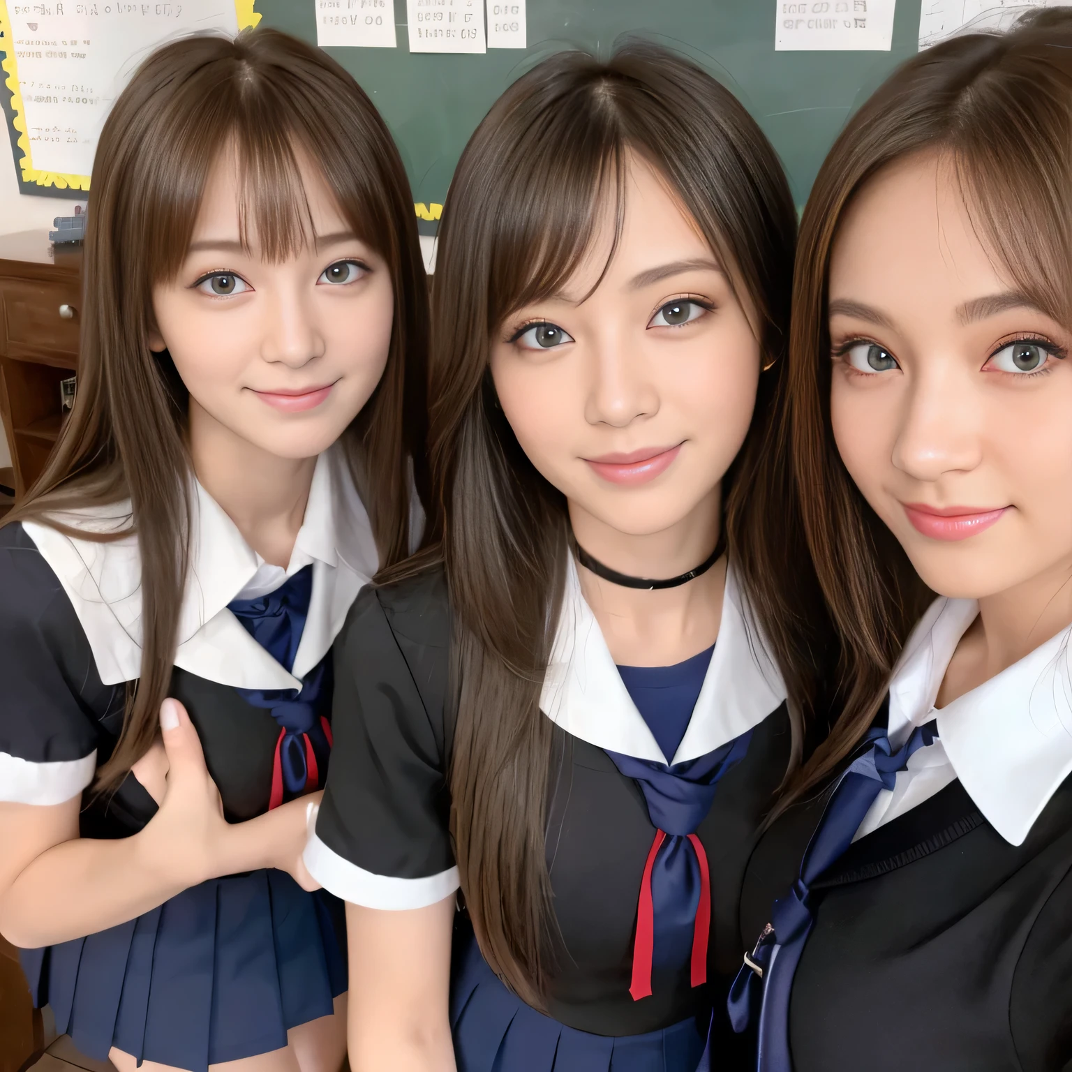 Group photo, Group photo, Some very beautiful women, Highly detailed eyes, Highly detailed face,  Sexy and highly detailed lips, Super detailed everything, Attractive woman, Black choker, Blue Eyes, very long eyelashes, bangs, big breasts, ((smile)), highest quality, masterpiece, ((Slim face)), Japanese actress, Servant, High nose, ((School uniform)), A happy atmosphere, Fun smile, Shooting from below, mini skirt