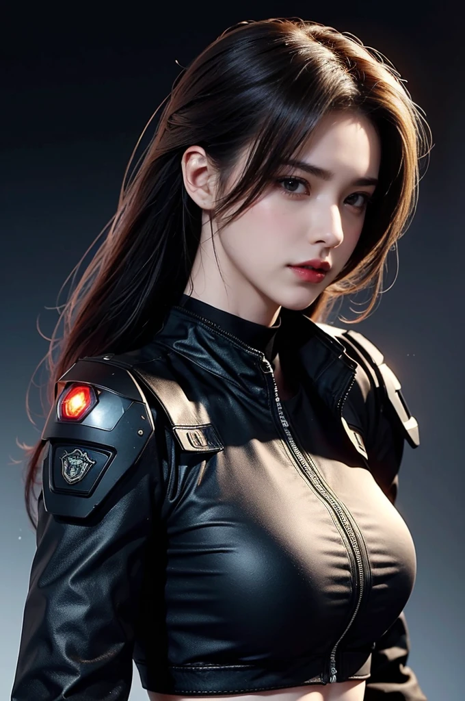 masterpiece，best quality，high resolution，8k，(Sportswear)，((Head close-up))，(original photo)，real picture，Digital Photography，(A female officer who combines modern style with cyberpunk:1.2)，(Female police officers)，20-year-old girl，Feel free to hairstyle，Red eye circles and red gradient hair)，Serious and persistent，cleveage， Accessories，Red lips，shut your mouth，frown，Elegant and charming，Serious and arrogant，Calm and handsome，(Modern Cyberpunk Uniform)，combat badge，Scapula，Show your belly button，glowing electronic components，red halo，Photo poses，Realistic style，Light Magic，Gray World Background，oc render reflection texture