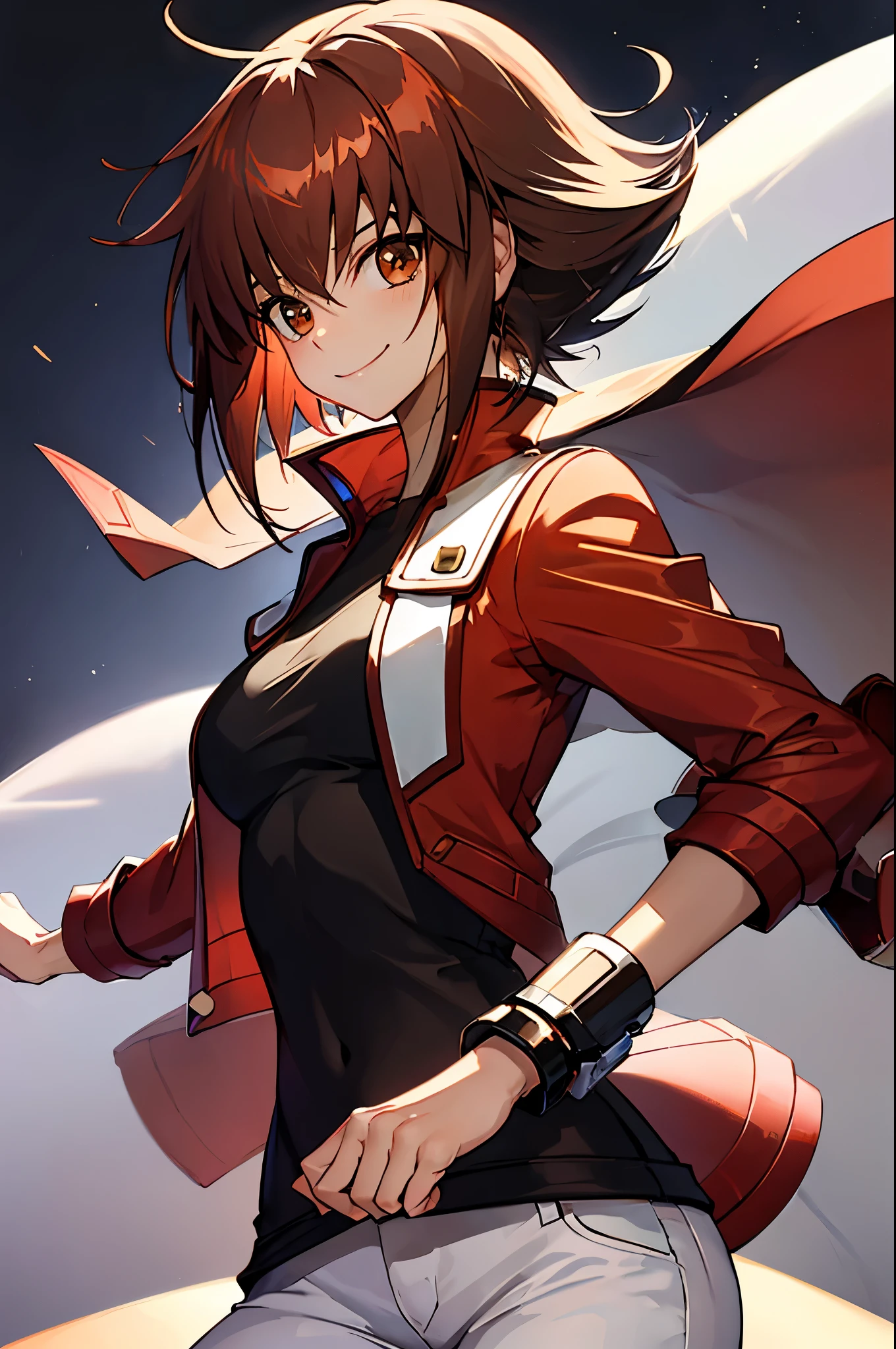 (masterpiece, best quality:1.2), expressive eyes, perfect face, highres, Yuuki Judai, 1girl,(female:1.5), Brown hair, long hair, Solo, Red jacket, Bangs, Black shirt, Open jacket, hair between eye, Smile, White pants, red footwear, Duel Academy Uniforms (Yu-Gi-Oh! nffsw),(Close Shot, Best Quality, hight resolution, 4K, Detailed Lighting, Shaders), Smile,Cowboy Shot, Looking at Viewer, 