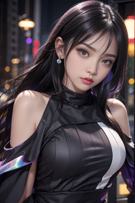 4k-ultra sharp、highest quality, masterpiece, ultra high resolution, (reality: 1.4),  1 girl, purple eyes, Off-the-shoulder sweat...