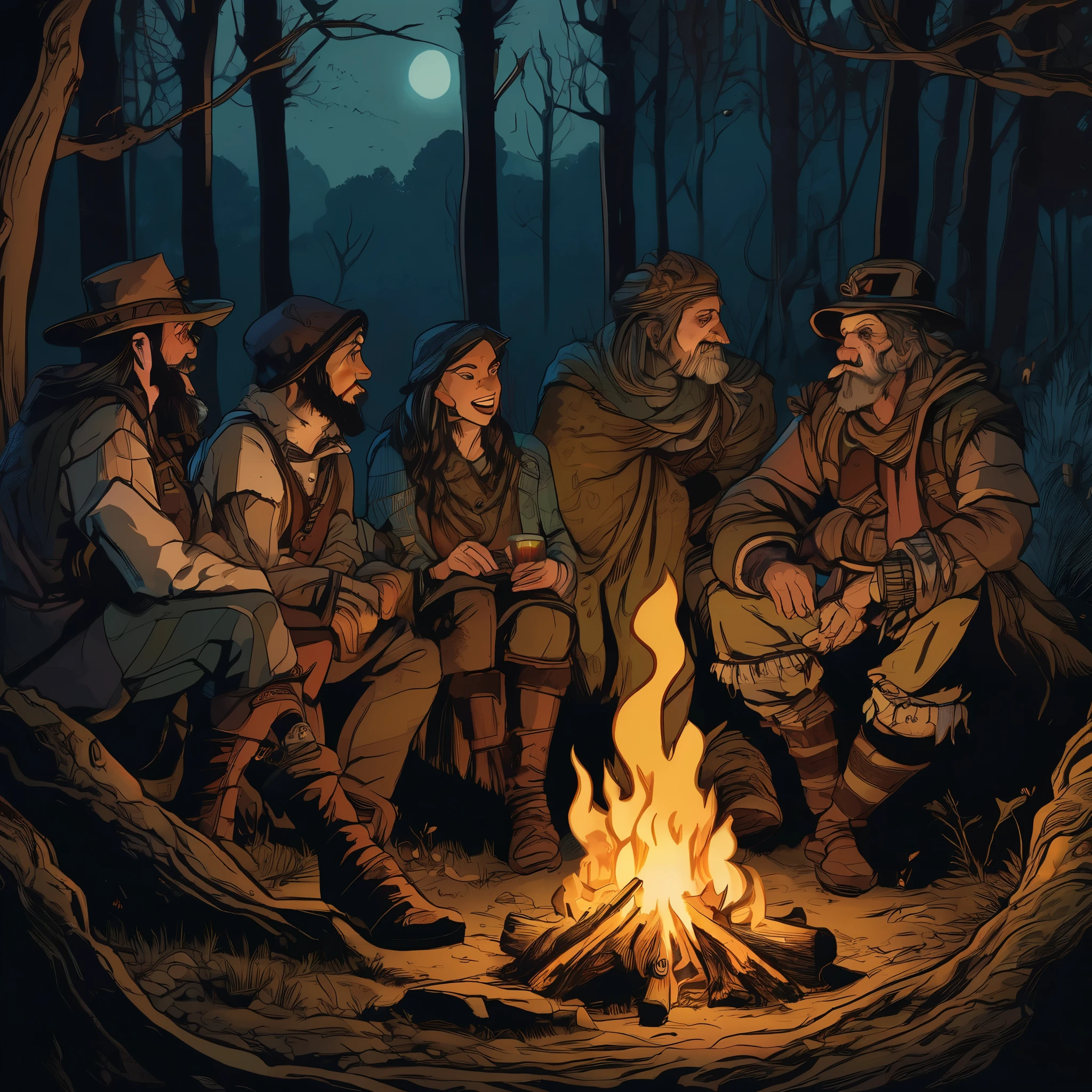 (a group of fantasy adventurers sitting close to a campfire,drinking mead and telling tall tales),(fantasy,adventurer,group:1.1),(campfire:1.1,fire),(mead,drinking:1.1),(telling tall tales:1.1),(haunted woods,woods,forest),(gleaming eyes:1.1,watching hungrily,hungry eyes,eyes in the darkness:1.2),(fantasy creatures,creatures,monsters),(darkness:1.1,eerie),(mysterious atmosphere:1.1),(mysterious sounds,sounds),(flickering firelight:1.1),(distant howls),(mystical:1.1,enchanted),(medieval setting:1.1),(moonlit),(adventure:1.1,exciting),(magic:1.1),unpredictable), (fantastical:1.1),(mystic:1.1)