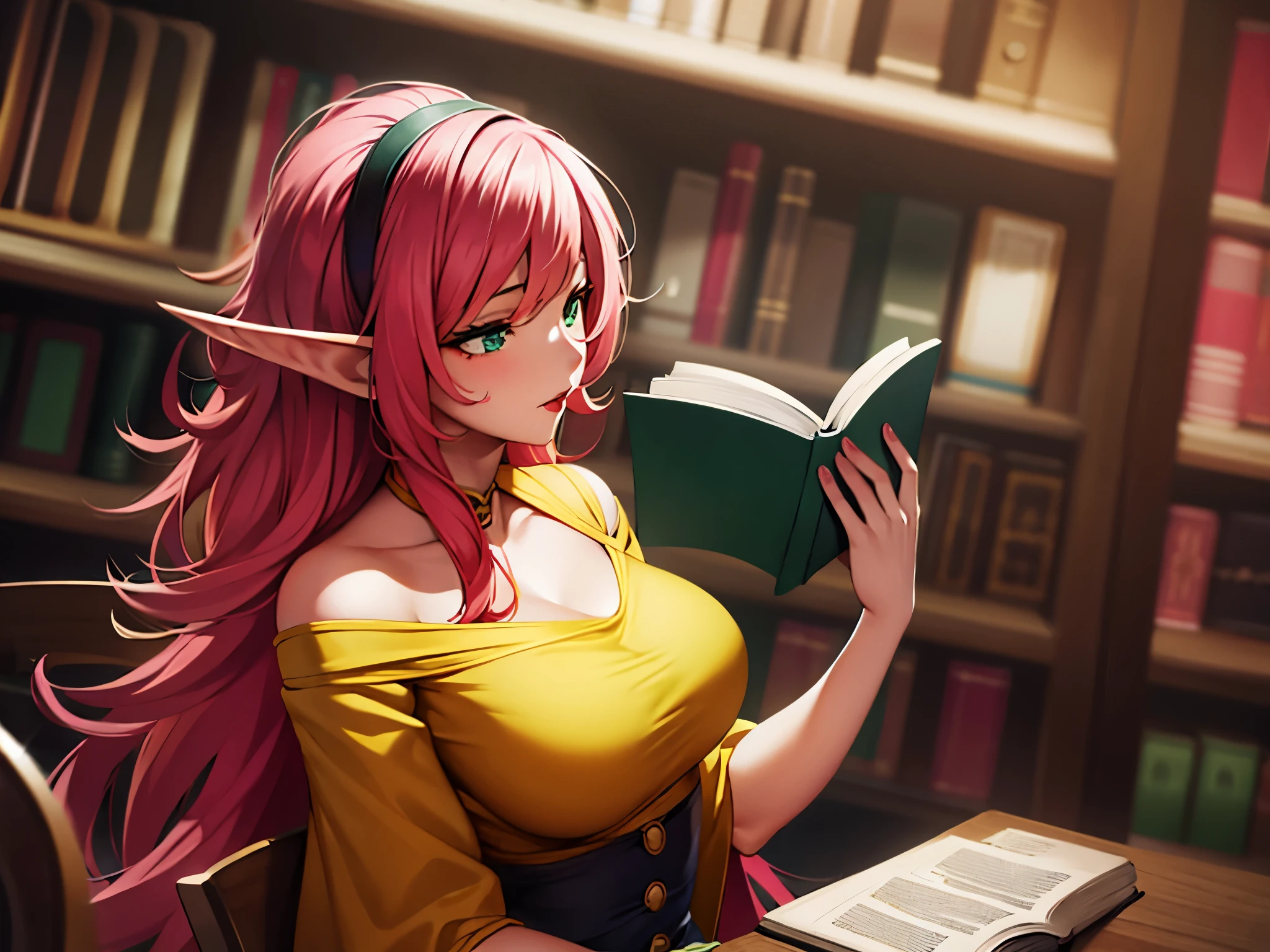 Best quality: 1.0), (Super High Resolution: 1.0), detailed anime artwork, detailed digital anime art, complex gorgeous anime CGI style, 1 elf woman, wearing a yellow shirt, black pants, sit on a chair, reading a large book, library,  red lips, exposed bosom, exposed shoulders, pink hair, green eyes.