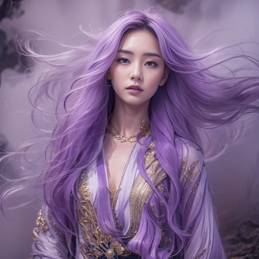 32K（tmasterpiece，k hd，hyper HD，32K）Long flowing lilac hair，Back basement，zydink， a color，  Xuzhou people （Silly girl）， （Silk scarf）， Combat posture， looking at the ground， long whitr hair， Floating lilac， Fire cloud pattern light gold headdress， Chinese long-sleeved gold silk garment， （abstract ink splash：1.2）， smoky background，Lotus protector（realisticlying：1.4），lilac purple hair，Fog on the road，smoke in the background， A high resolution， the detail， RAW photogr， Sharp Re， Nikon D850 Film Stock Photo by Jefferies Lee 4 Kodak Portra 400 Camera F1.6 shots, Rich colors, ultra-realistic vivid textures, Dramatic lighting, Unreal Engine Art Station Trend, cinestir 800，Long flowing lilac hair，Light transparent clothes