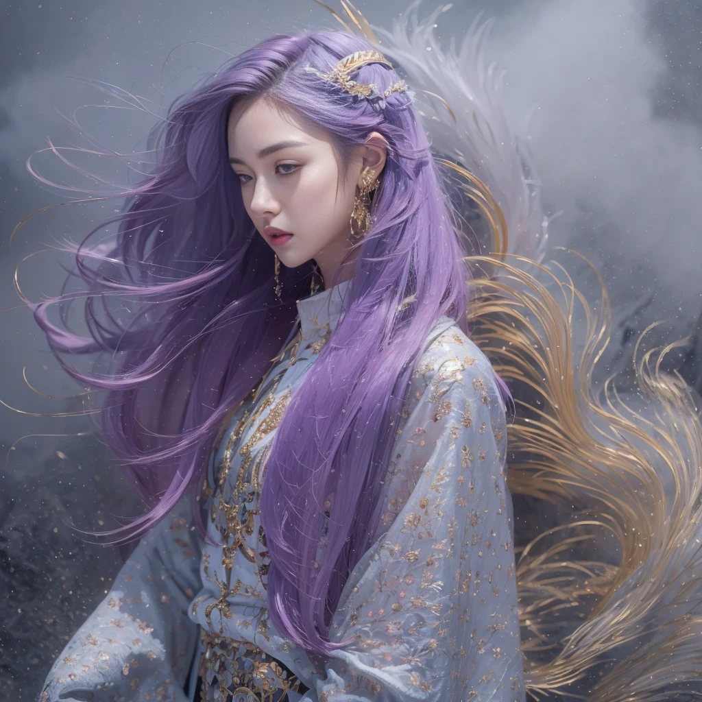 32K（tmasterpiece，k hd，hyper HD，32K）Long flowing lilac hair，Back basement，zydink， a color，  Xuzhou people （Silly girl）， （Silk scarf）， Combat posture， looking at the ground， long whitr hair， Floating lilac， Fire cloud pattern light gold headdress， Chinese long-sleeved gold silk garment， （abstract ink splash：1.2）， smoky background，Lotus protector（realisticlying：1.4），lilac purple hair，Fog on the road，smoke in the background， A high resolution， the detail， RAW photogr， Sharp Re， Nikon D850 Film Stock Photo by Jefferies Lee 4 Kodak Portra 400 Camera F1.6 shots, Rich colors, ultra-realistic vivid textures, Dramatic lighting, Unreal Engine Art Station Trend, cinestir 800，Long flowing lilac hair，Light transparent clothes