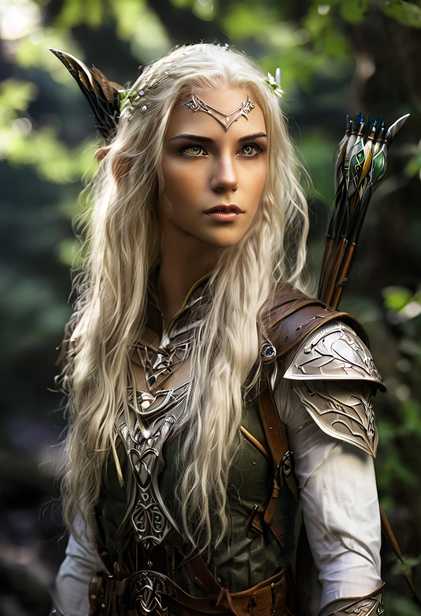 Everquest wood elf ,white eyebrows, eyelashes, curved mouth expression, smooth skin, long luscious platinum blonde hair, long detailed goatee, full detailed body, detailed archer, fantasy two handed claymore, fantasy dnd at night full moon light