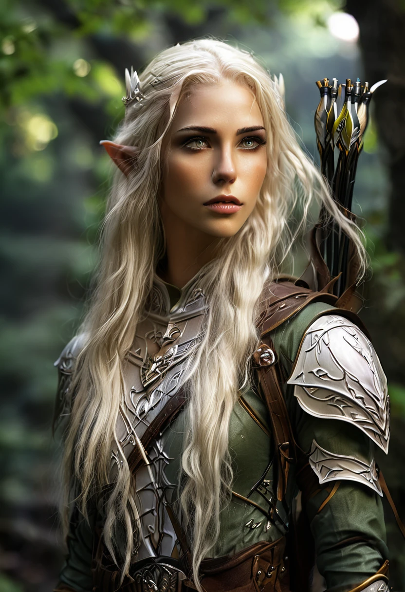 Everquest wood elf ,white eyebrows, eyelashes, curved mouth expression, smooth skin, long luscious platinum blonde hair, long detailed goatee, full detailed body, detailed archer, fantasy two handed claymore, fantasy dnd at night full moon light