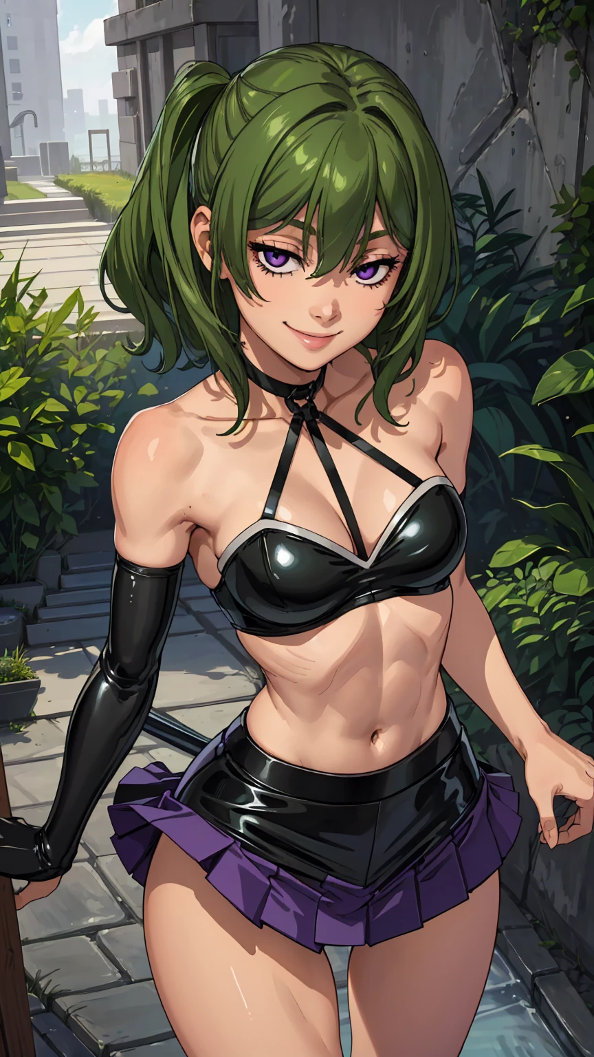 (Best quality:1.3), (4K quality), ((detailed face)),((smile)), ((skinny body)), Green hairs, (beautiful breasts), cleavage, sexy, (((ecchi)) ), Skinny girl, skinny muscular woman, skinny body, perfect body, sexy skinny body, long thin legs, legs spread, SFW, purple eyes, sexy clothes, mini skirt, latex clothes 