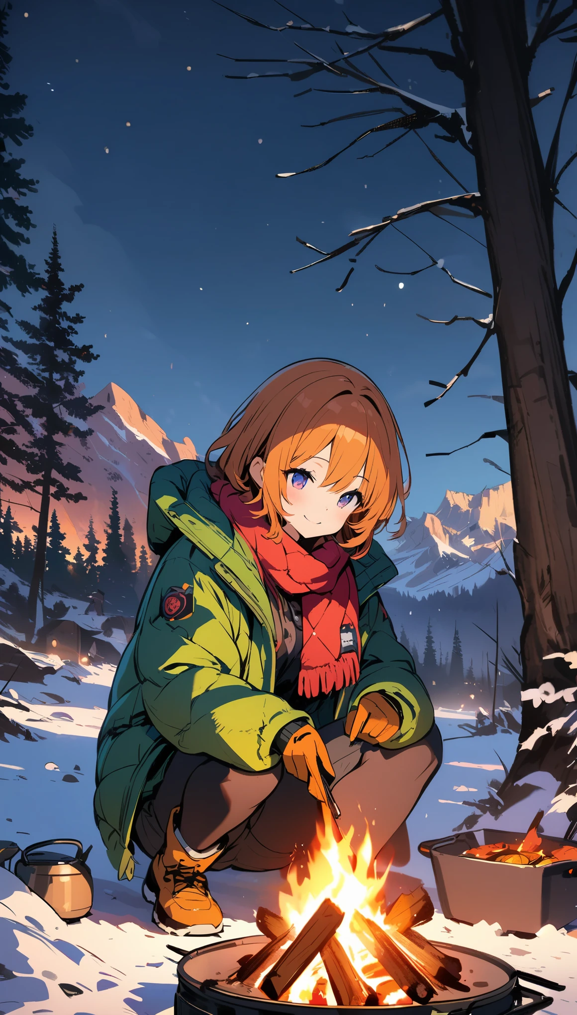masterpiece, highly detailed, concept art, oil painting, gouache, hard brush 1girl, orange hair, cute smile, sitting, wearing down jacket, scarf, glove, camping, campfire, grilling fish, near the river, snowy, night, HD