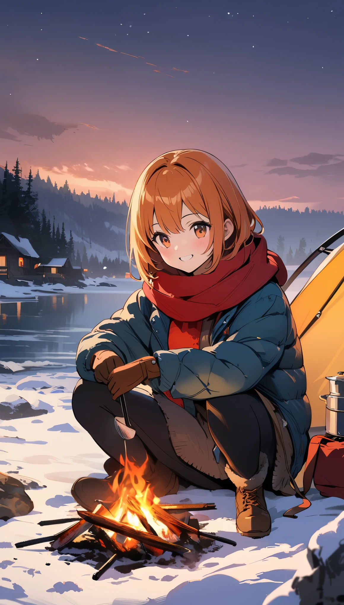 masterpiece, highly detailed, concept art, oil painting, gouache, hard brush 1girl, orange hair, cute smile, sitting, wearing down jacket, scarf, glove, camping, campfire, grilling fish, near the river, snowy, night, HD