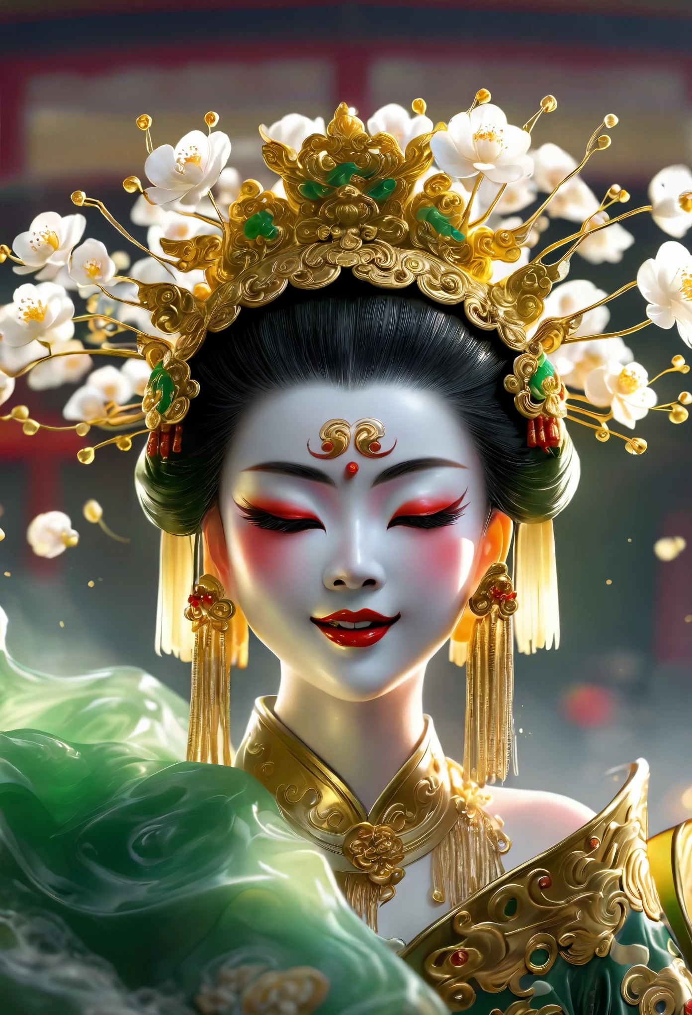 Art work with gold thread and jade，8K, RAW photo, Best quality, Masterpiece, Realistic, photo-realistic, Ultra detailed,（Peking Opera Half Noodles：1.2）
1 girl,  CNOperaCrown,  From the front side, view the viewer, Peking Opera costumes,headdress, (((CNOperaFlag))), Mark from behind, Holding,  Upper body, nipple tassels,Portrait, Simple background, Smile, Mouth closed, Flowers,Small breasts,Slim,Thin,Small head,Small face