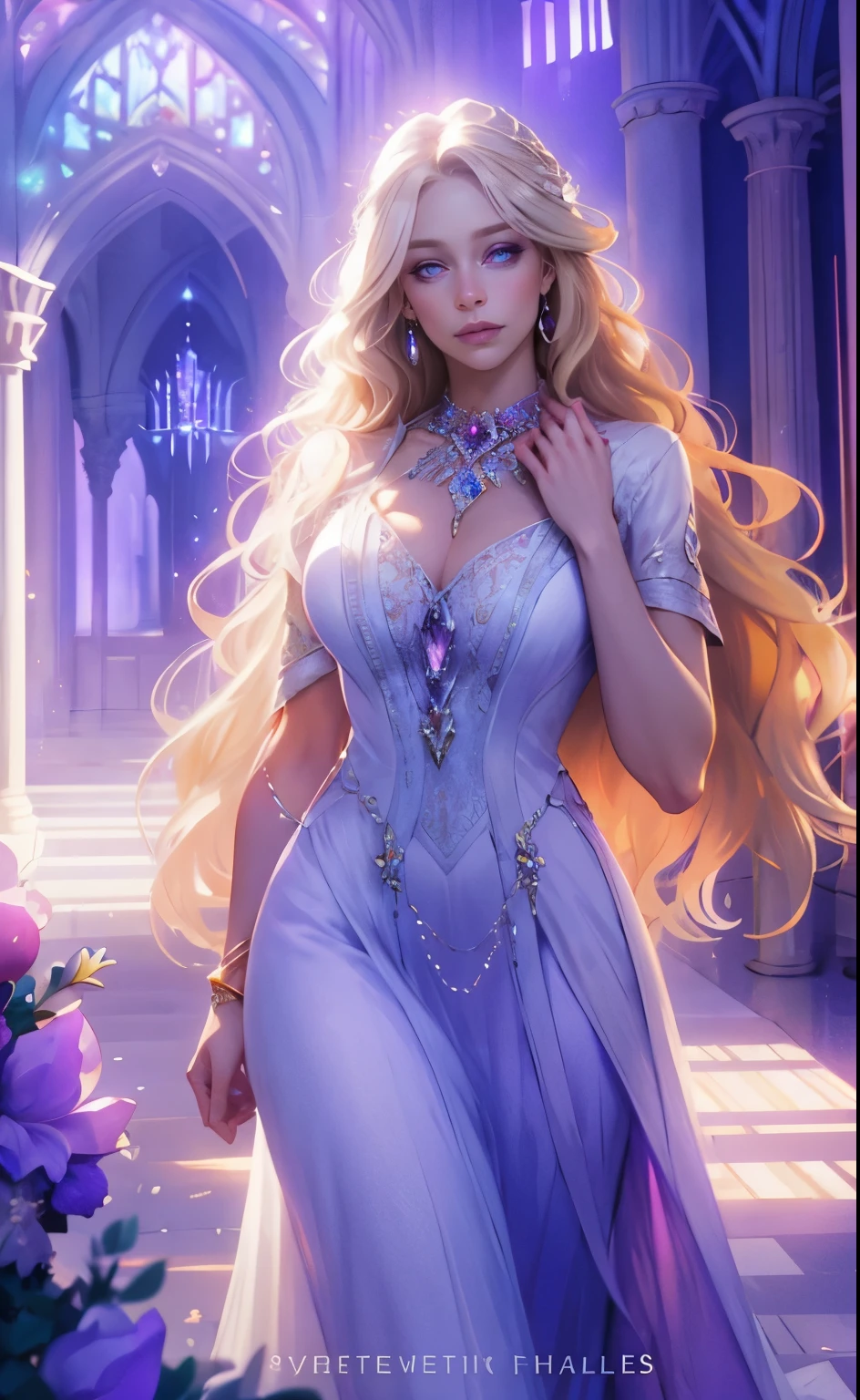 Fantasía, rojo azul, flores, Chica, pelo largo y ondulado rubio pálido, lilac eyes, con un vestido de fantasía blanco claro, joyas de cristal, pasillos luminosos del castillo, alta definición