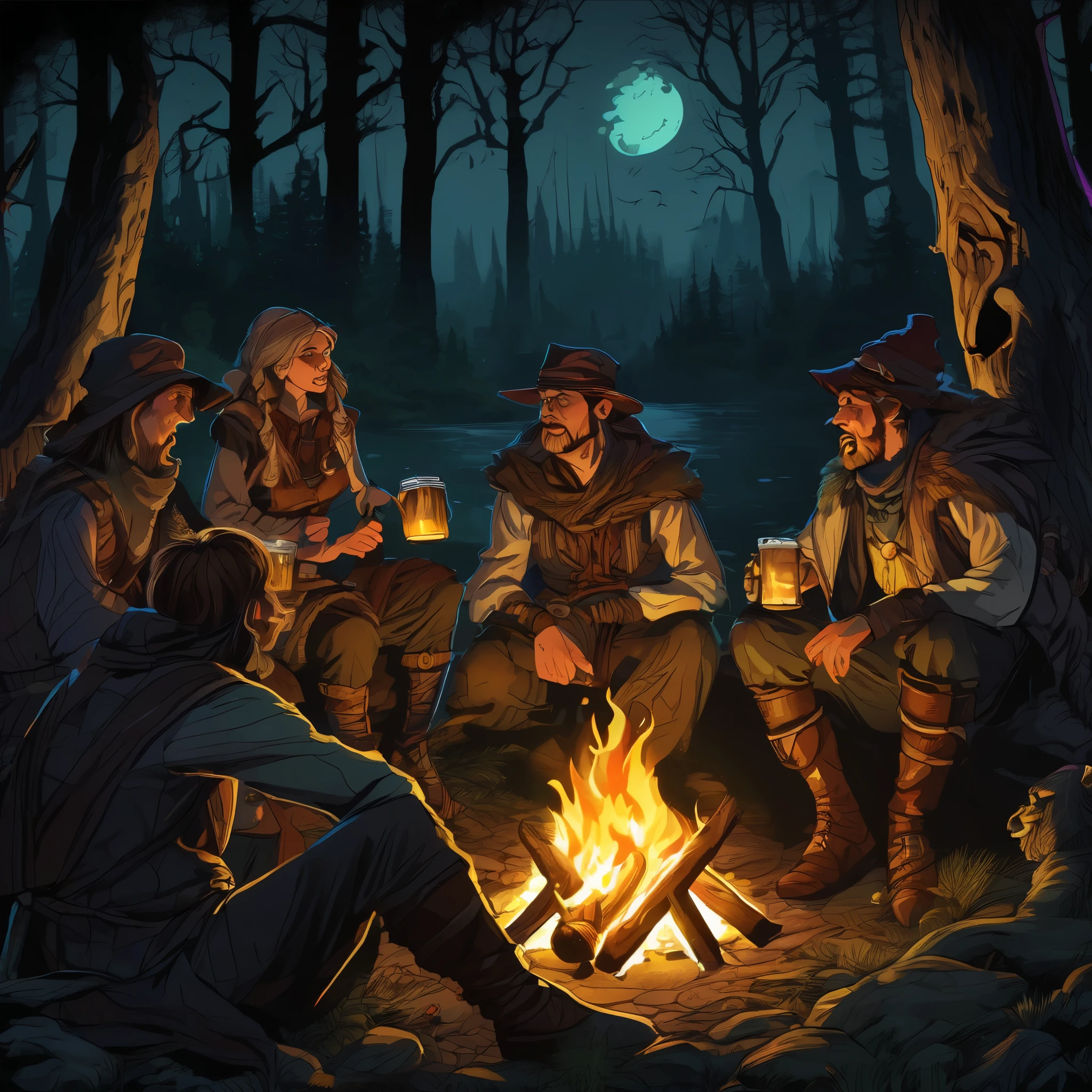 (a group of fantasy adventurers sitting close to a campfire,drinking mead and telling tall tales),(fantasy,adventurer,group:1.1),(campfire:1.1,fire),(mead,drinking:1.1),(telling tall tales:1.1),(haunted woods,woods,forest),(gleaming eyes:1.1,watching hungrily,hungry eyes,eyes in the darkness:1.2),(fantasy creatures,creatures,monsters),(darkness:1.1,eerie),(mysterious atmosphere:1.1),(mysterious sounds,sounds),(flickering firelight:1.1),(distant howls),(mystical:1.1,enchanted),(medieval setting:1.1),(moonlit),(adventure:1.1,exciting),(magic:1.1),unpredictable), (fantastical:1.1),(mystic:1.1)