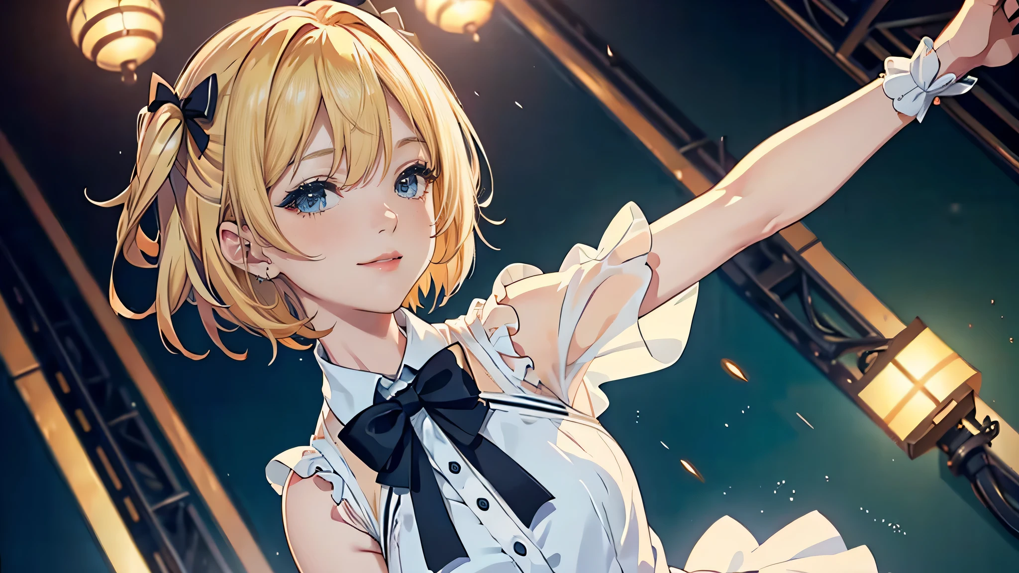 (RAW photo:1.2, photorealistic:1.3), masterpiece:1.4, best quality:1.3, Highest details:1.3, beautiful and aesthetic, extremely detailed CG unity 8k wallpaper,( vibrant colors:1.1), high resolution, see-through white short dress and a bow tie, anime visual of a cute girl, official character art, anime girl, official art, single character full body, anime full body illustration, full body portrait of a short!, female anime character, as an anime character, a-1 pictures, full body with costume, rei hiroe, anime best girl, blond bob hair, on the stage, dynamic pose, dancing, smile, bust shot