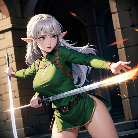 ((artwork, best quality)), ultra detailed, mature elf girl, female elf, wearing archer tunic, wielding a thin bladed sword, insi...