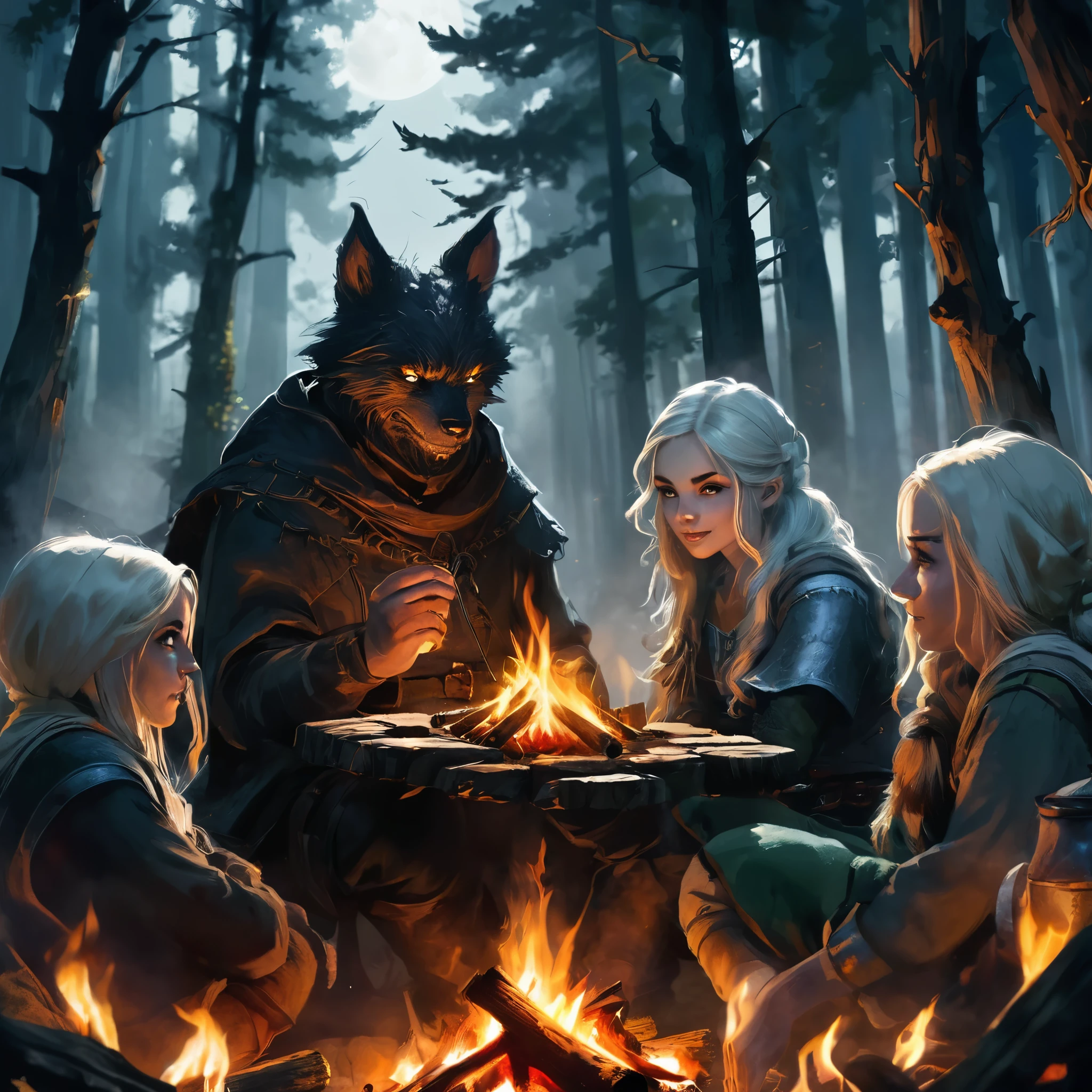 (a group of fantasy adventurers sitting close to a campfire,drinking mead and telling tall tales),(fantasy,adventurer,group:1.1),(campfire:1.1,fire),(mead,drinking:1.1),(telling tall tales:1.1),(haunted woods,woods,forest),(gleaming eyes:1.1,watching hungrily,hungry eyes,eyes in the darkness:1.2),(fantasy creatures,creatures,monsters),(darkness:1.1,eerie),(mysterious atmosphere:1.1),(mysterious sounds,sounds),(flickering firelight:1.1),(distant howls),(mystical:1.1,enchanted),(medieval setting:1.1),(moonlit),(adventure:1.1,exciting),(magic:1.1),unpredictable), (fantastical:1.1),(mystic:1.1)