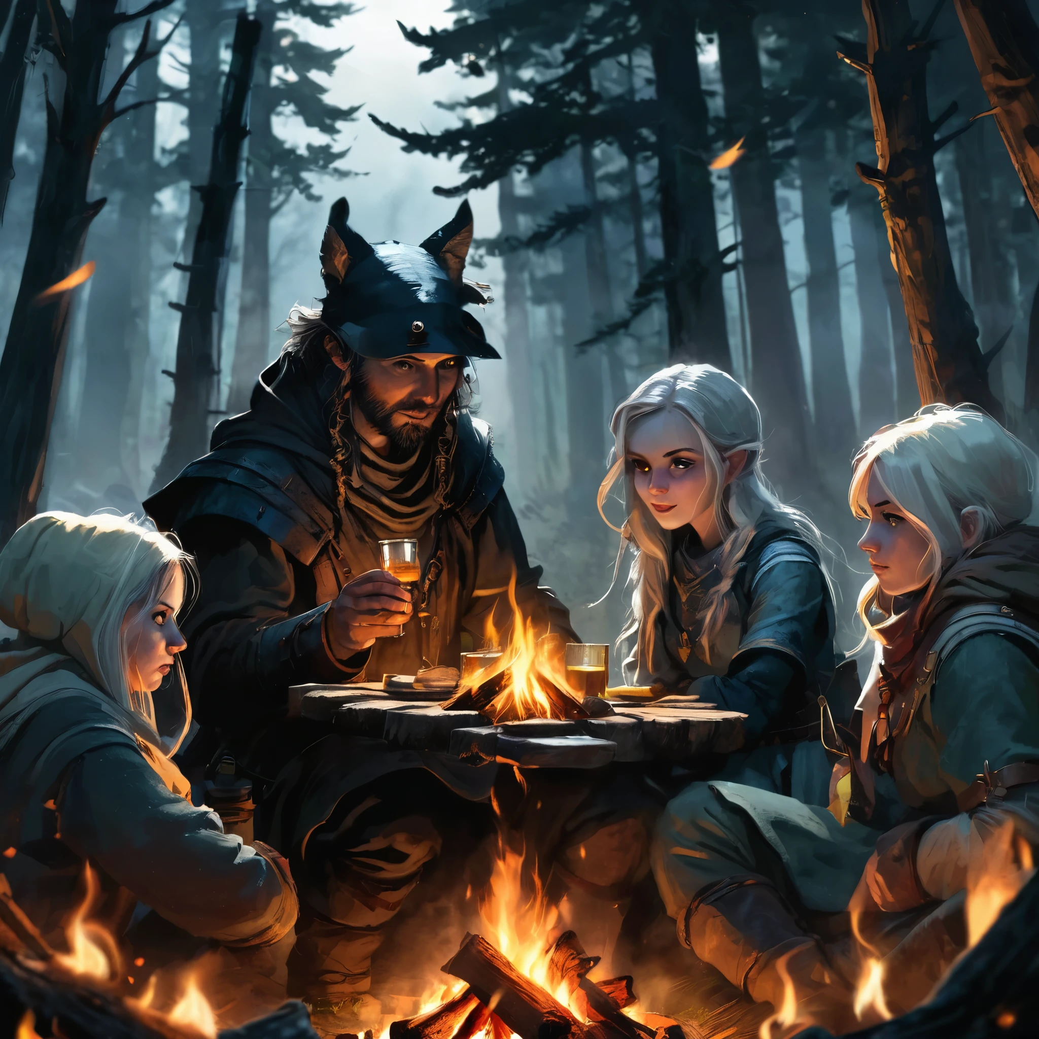 (a group of fantasy adventurers sitting close to a campfire,drinking mead and telling tall tales),(fantasy,adventurer,group:1.1),(campfire:1.1,fire),(mead,drinking:1.1),(telling tall tales:1.1),(haunted woods,woods,forest),(gleaming eyes:1.1,watching hungrily,hungry eyes,eyes in the darkness:1.2),(fantasy creatures,creatures,monsters),(darkness:1.1,eerie),(mysterious atmosphere:1.1),(mysterious sounds,sounds),(flickering firelight:1.1),(distant howls),(mystical:1.1,enchanted),(medieval setting:1.1),(moonlit),(adventure:1.1,exciting),(magic:1.1),unpredictable), (fantastical:1.1),(mystic:1.1)