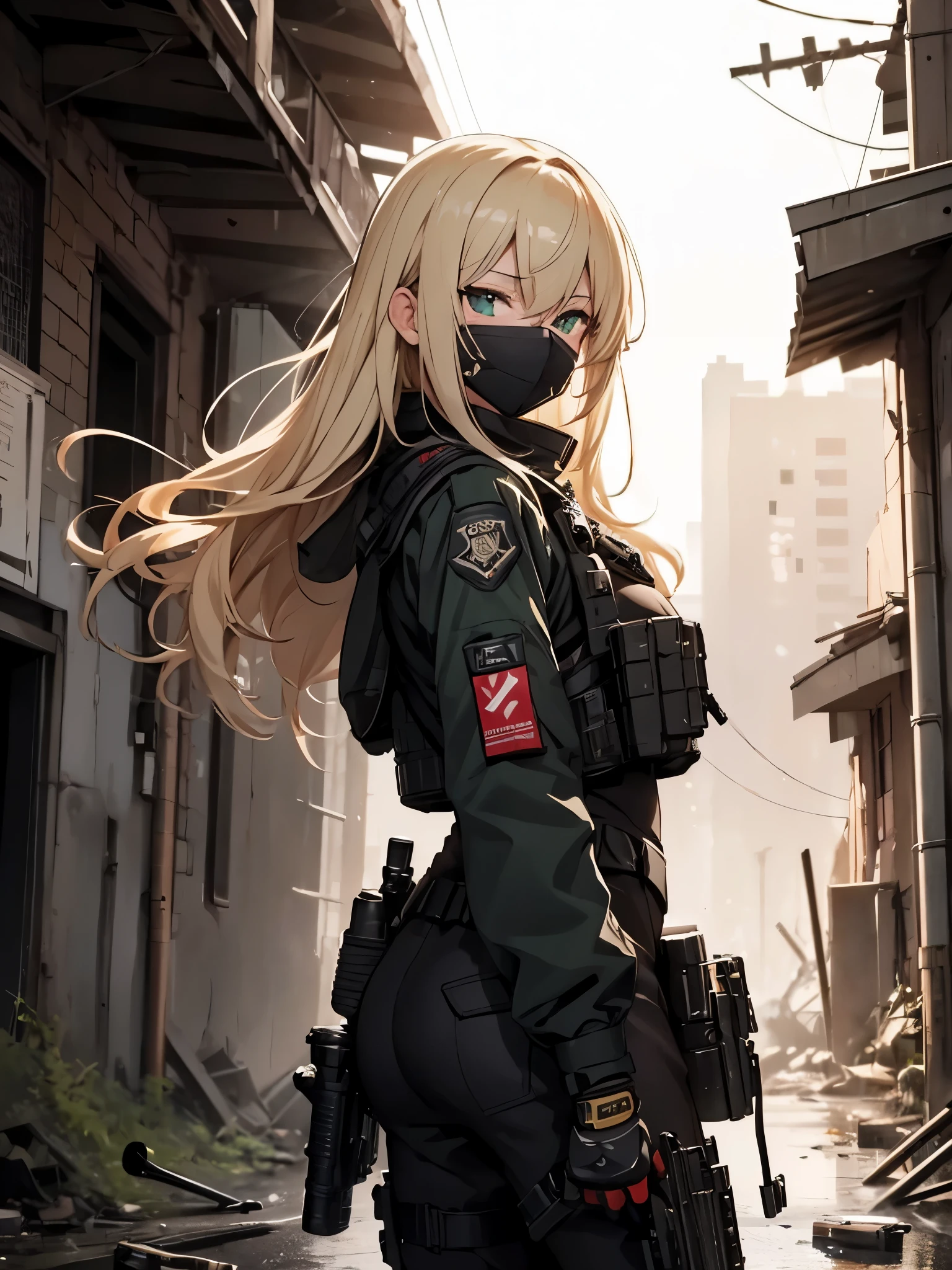 {masterpiece、Highest quality、High definition、、Film Lighting、Lens flare}}、A girl holds a rifle through the wall、special forces、Short jacket（red、Open jacket、black color、emblem）latex leggings、High-tech undersuits（cyber-、luminous parts、latex）、Tactical masks（Face masks、cyber-mask）wide view、Long blonde hair fluttering in the wind、Green Eyes、（hold a weapon、hold a rifle、Aiming、）, gun, h&k hk416, rubble, Ruins of conflict zones, Plume, smoke of gunpowder, Explosion wave, Flying bullet, Sniper, 35mm, f/1.8, night,Game characters