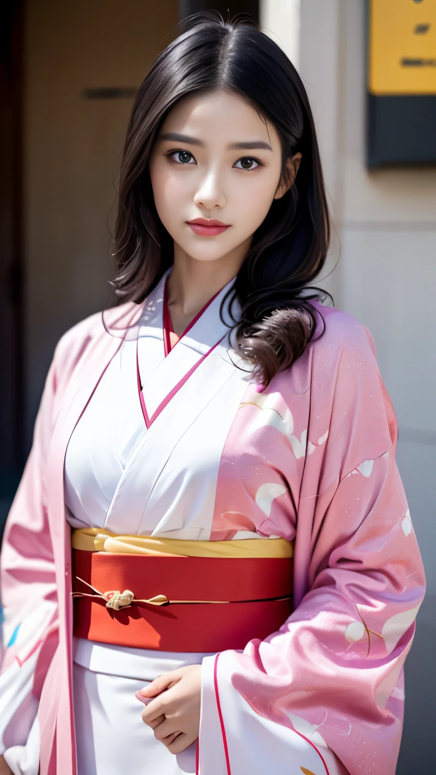 White kimono、Pink Japanese pattern、(Long-sleeved kimono:1.5)、or、(Top Grade)、1 female、16 years old、Whole Body Ezbian、Black-haired、Tie your hair back、(Realistic:1.7)、((Best image quality))、Absurd、(超A high resolution)、(Photoreal:1.6)、Photoreal、Octane Rendering、(超Realistic:1.2)、(Realistic face:1.2)、(8k)、(4K)、(masterpiece)、(Realistic skin texture)、(Awareness-raising、Cinema Lighting、wall-)、(Beautiful Eyes:1.2)、((((Perfect Face))))、(A cute face like an idol:1.2)、( Are standing)、shrine、bird ready、(January)、Cute face with attention to detail、True Beauty、Laughter、