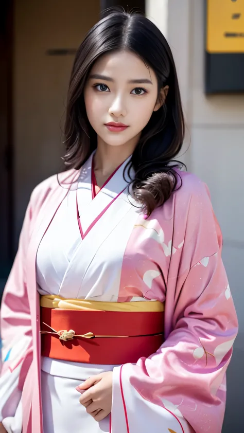 White kimono、Pink Japanese pattern、(Long-sleeved kimono:1.5)、or、(Top Grade)、1 female、16 years old、Whole Body Ezbian、Black-haired...