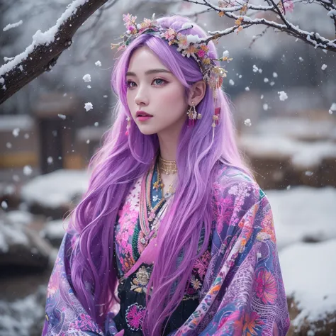 Snow hoop exclusion area 32K（tmasterpiece，k hd，hyper HD，32K）Long flowing purple-pink hair，Autumn Pond，zydink， a color， Tongzhou ...