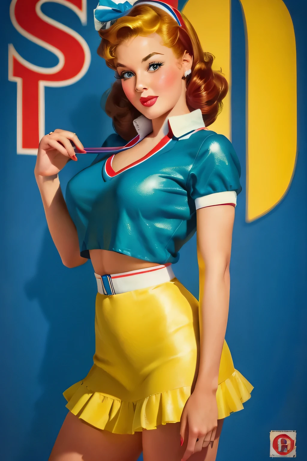 Fille de 20 ans dans le gymnase de l&#39;école, Tenue de pom-pom girl sexy de Riverdale High School avec pompons bleus et dorés, poitrine moyenne, peau brillante, Éclairage dramatique, Pin-up-Stil, Sexy, surpris, , carie , Chefs-d&#39;œuvre, illustré, peau brillante, visage détaillé, poitrine moyenne. corps tonique. cheveux roux, illustré von Zoe Mozert,   A clipser art byZoe Mozert,  Pin-up Vintage, illustré by Zoe Mozert, girl A clipser, A clipser girl, Pin-Up-Poster-Girl, Pin-up, A clipser, Pin-up, visage détaillé, mains détaillées, jambes détaillées,