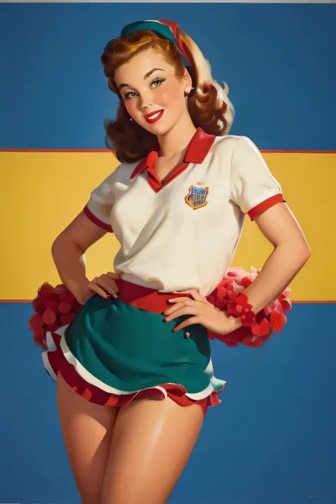 20 year old girl in the school gym, Sexy Cheerleader-Outfit der Riverdale High School mit blauen und goldenen Pompons, mittlere ...
