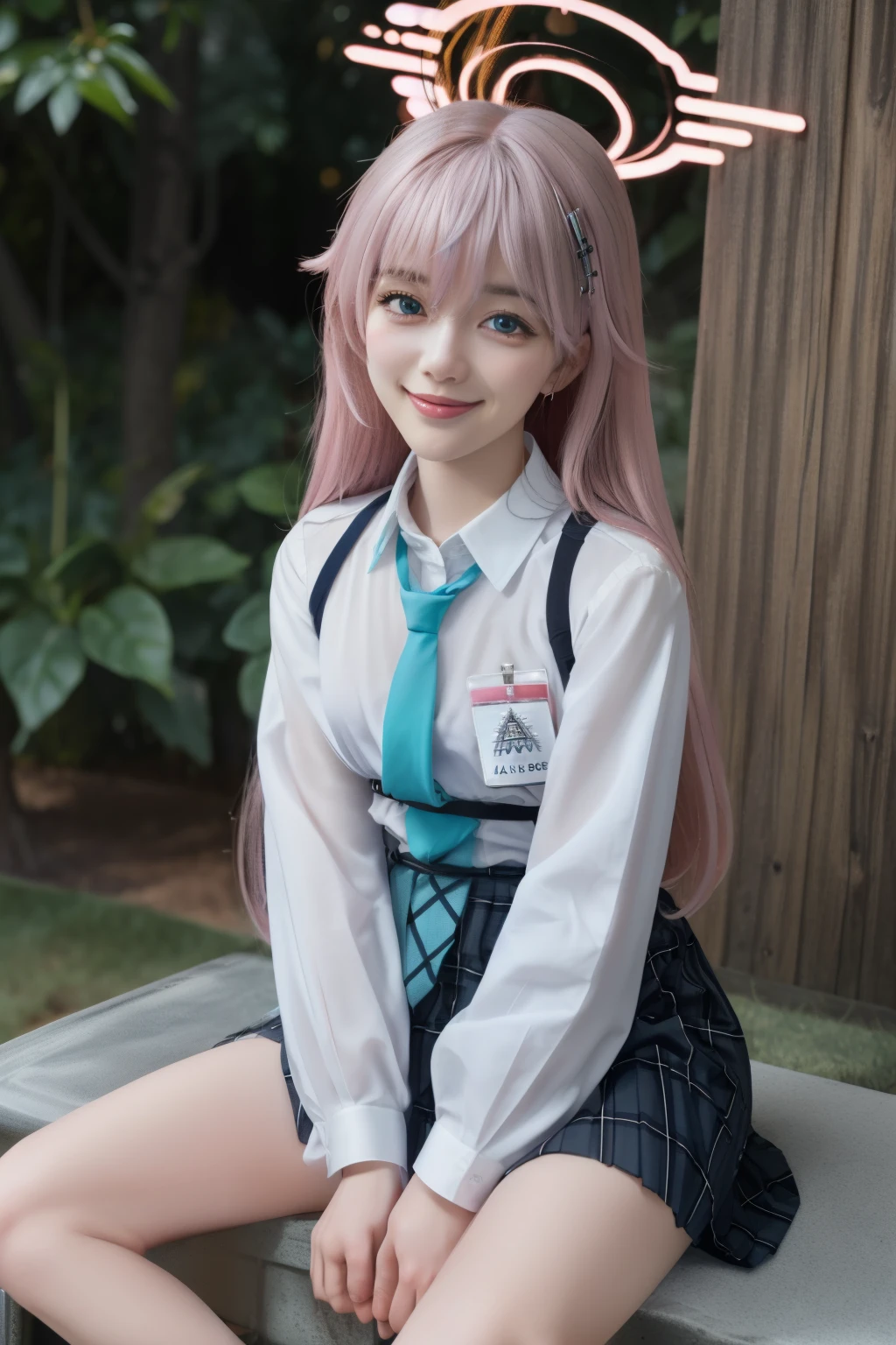 Masterpiece, hd, realistic, Asian girl, cosplayer, 1girl, hoshino (blue archive), solo, heterochromia, pink hair, skirt, long hair, necktie, ahoge, shirt, halo, plaid skirt, blue eyes, plaid,  looking at viewer, white shirt, standing, orange eyes, chest harness, harness, long sleeves, id card, open mouth, very long hair, collared shirt, smile, blue necktie, bangs, feet out of frame, between legs, hand between legs, blush, hair between eyes, highres,masterpiece, best quality, outdoor 