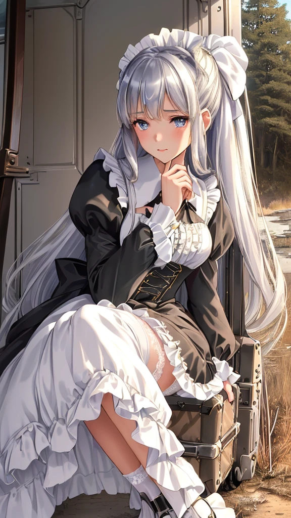 (masterpiece 1.8), ((ultra quality)), ((super fine illustration)), ((stunning cg)), 
1girl, solo, from side, ((very beautiful and cute girl)), ((16years old girl)), (silver hair), (super long hair),blue eyes, small bast, looking at viewer, bangs, suitcase, thighhighs, long sleeves, ((lace trimmed dress)), bow, ribbon, closed mouth, standing, silver hair, ((lot of frills)), parted lips, puffy sleeves, black thighhighs, ((frilled black dress)),pannier,lots of ruffles, lace ruffles,  garter straps, blue bow, juliet sleeves, lolita-fashion, ((gothic-lolita 1.6)), ((sitting on old suitcase)), ((hand on own chin:1.6)), soft light, beautiful thi-ghs(ultra beautiful reflection:1.3), 
(ultra beautiful lighting:1.4), 
(best shadow:1.3),
(sense of depth:1.5) reflected light, (pale tone), (outdoor), ((wilderness:1.8)), ((roadside:1.4)), ((bus-stop)),