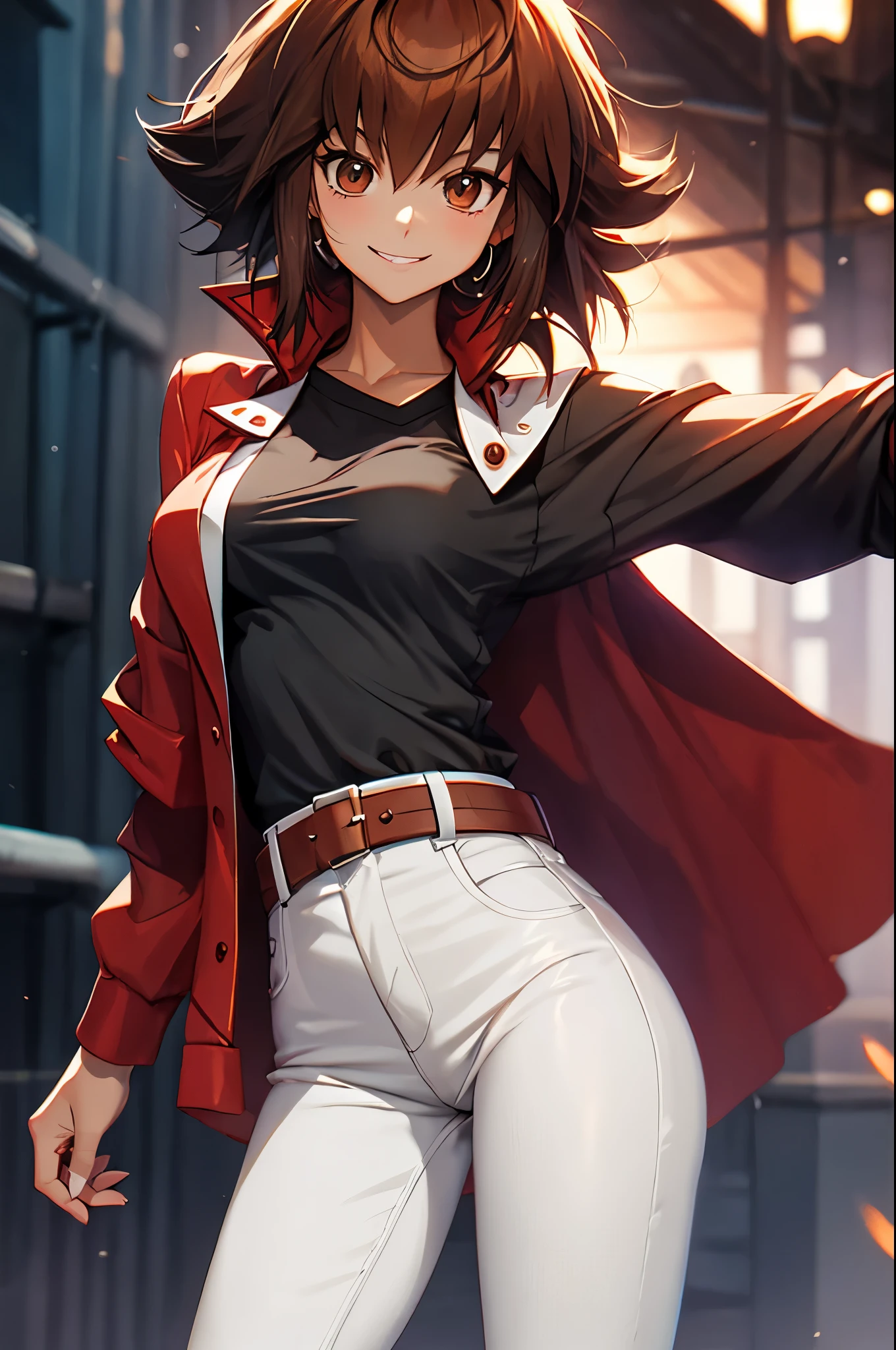 Yuuki Judai, 1girl,(female:1.5), Brown hair, Solo, Red jacket, Bangs, Black shirt, Open jacket, hair between eye, Long hair, Smile, White pants, red footwear,Duel Academy Uniforms (Yu-Gi-Oh! nffsw),
(Close Shot, Best Quality, hight resolution, 4K, Detailed Lighting, Shaders), 
Smile,
Looking at Viewer, Cowboy Shot,
