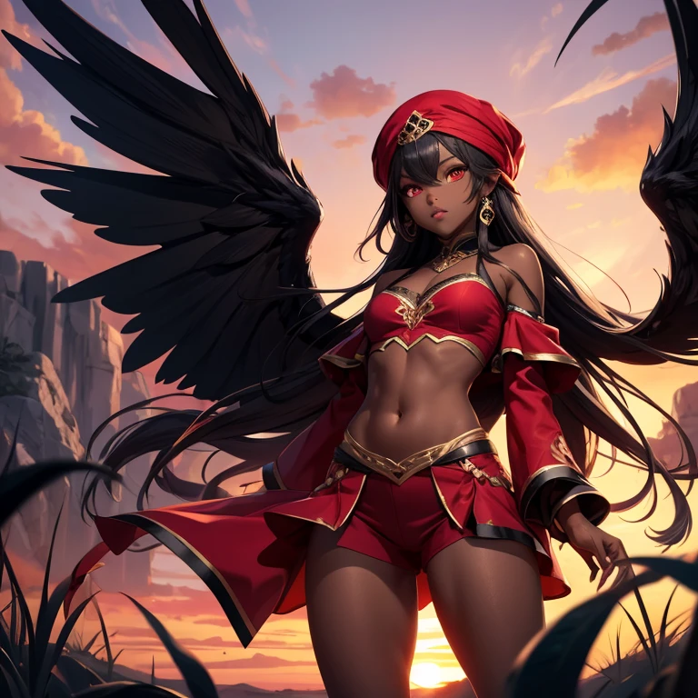 Thighs、Dark skin、Red clothes、belly button、shoulder、turbaned、The background is the wilderness、outside、long hair、Red eyes、Red sunset、Open-chested clothing、Black wings、