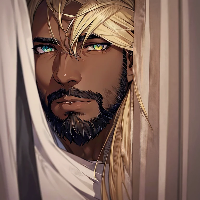 dark-skinned man with slight circles under his eyes and green eyes, thin lips but with a piercing on his lower lip, somewhat blonde hair and a beard on his chin  