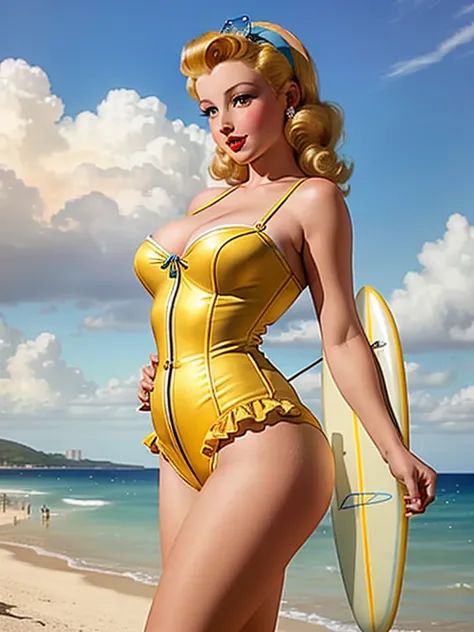 A masterpiece of best quality, 4K resolution, ((in the style of Gil Elvgren or Alberto Vargas)), features a beautiful woman in v...